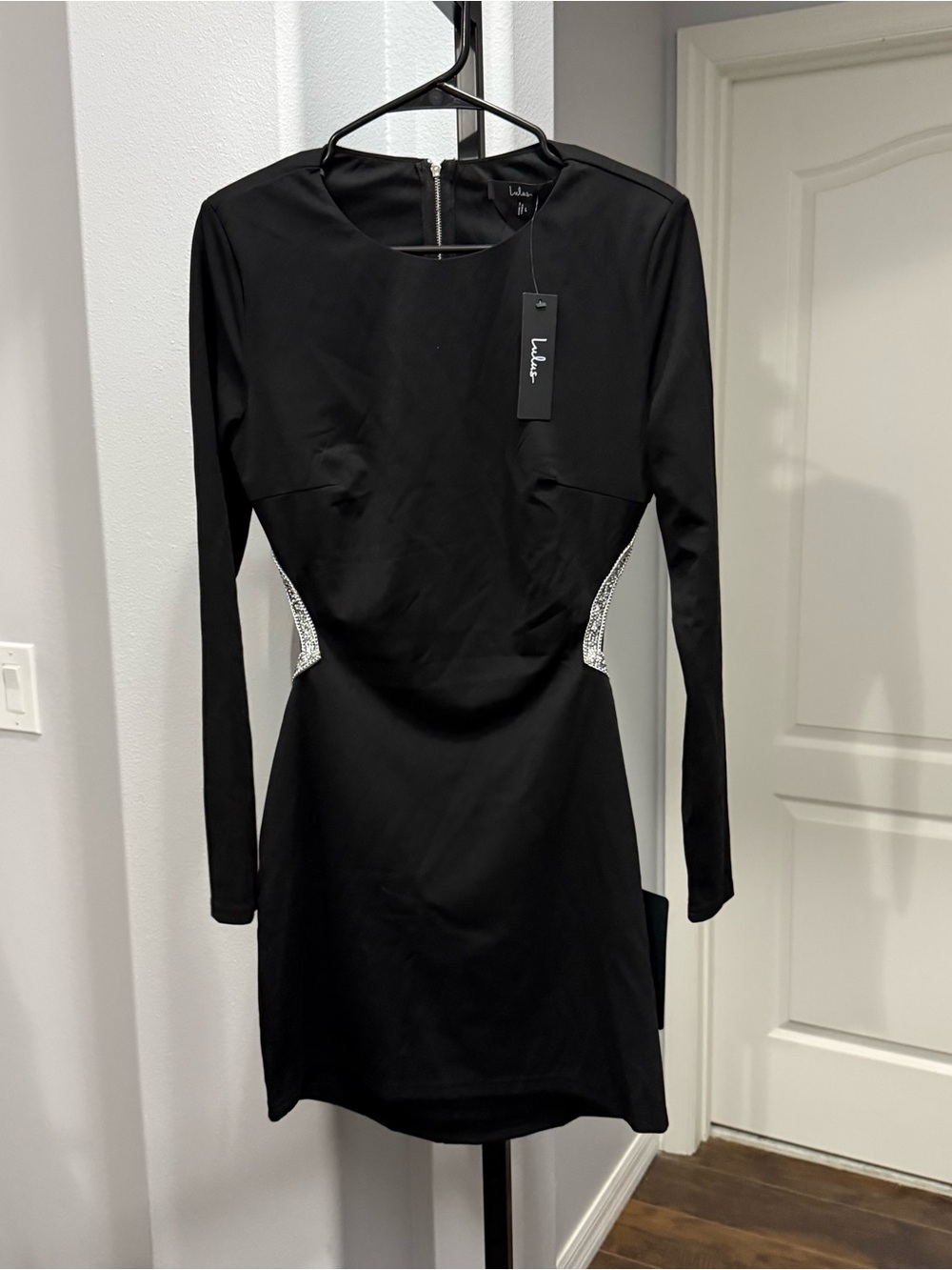NWT Lulu's Sparkling Stunner Black Rhinestone Cutout Long Sleeve Mini Dress LBD - Picture 2 of 8